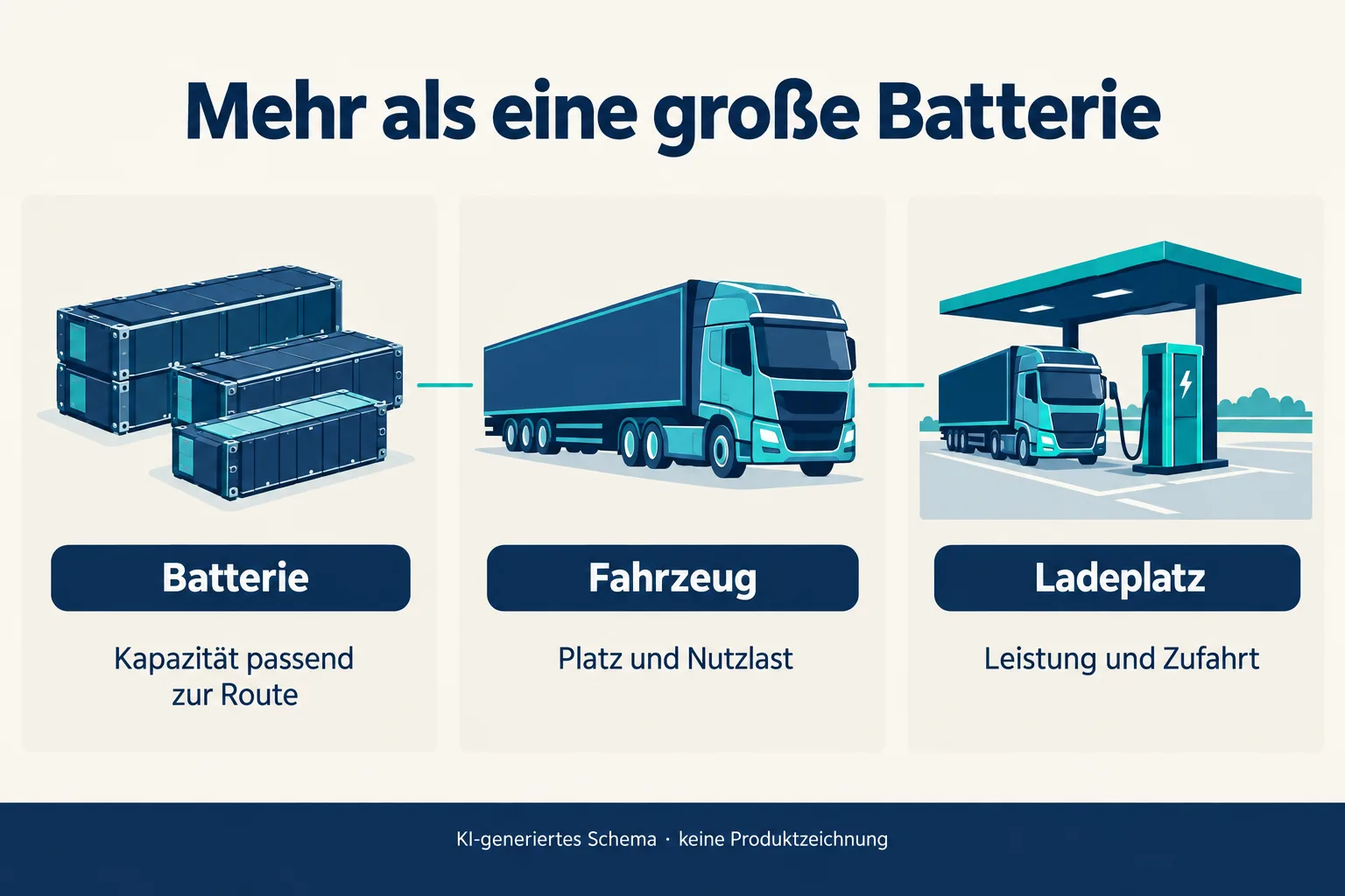 Schema mit Batteriepaketen, einem schweren Elektro-Lkw und einem geeigneten Ladeplatz als drei zusammengehörigen Komponenten.