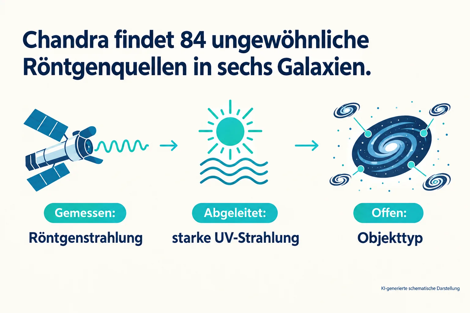 Drei Felder unterscheiden gemessene Röntgenstrahlung, abgeleitete UV-Strahlung und den noch offenen Objekttyp.