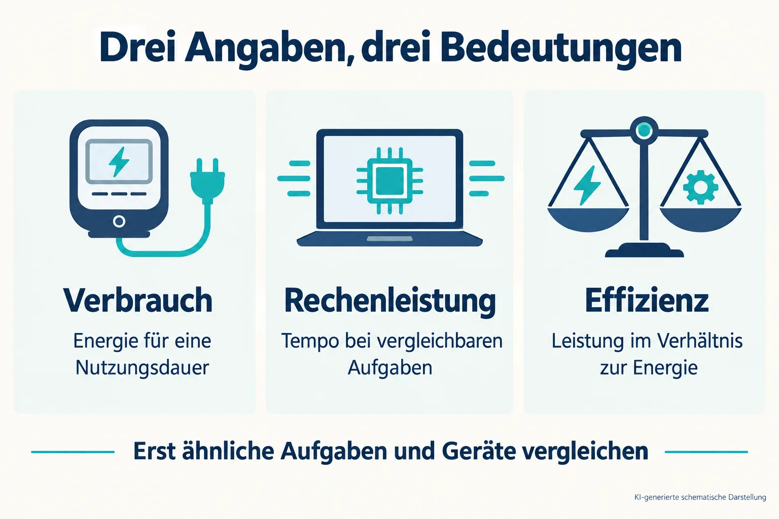 Drei Felder unterscheiden Verbrauch, Rechenleistung und Effizienz mit Symbolen für Strommessung, Computer und Waage.