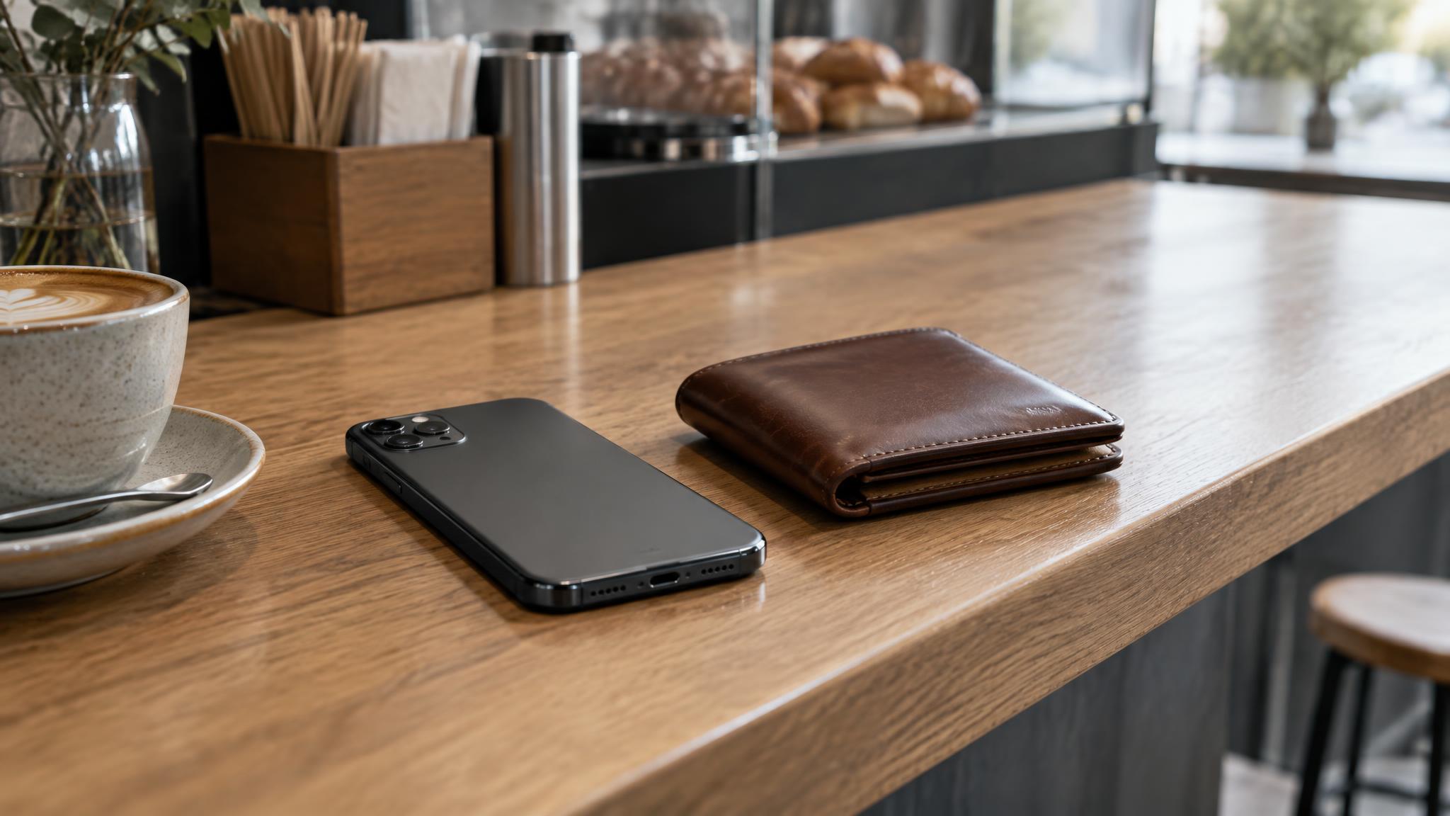 Smartphone und Brieftasche am Tresen, Symbol für digitale Ausweis-Wallet