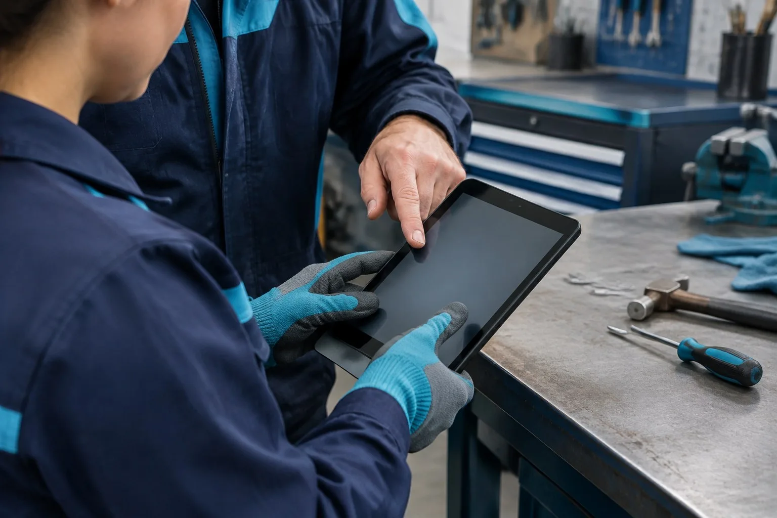 Beschäftigte üben an einem Tablet neben einer Werkbank
