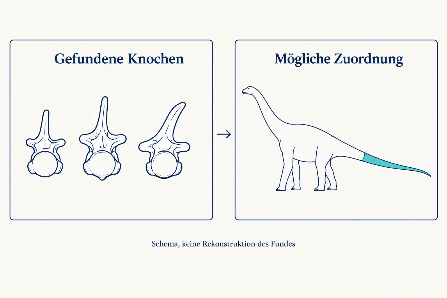 Schematische Schwanzknochen neben dem Umriss eines Langhalsdinosauriers mit hervorgehobenem Schwanzbereich.