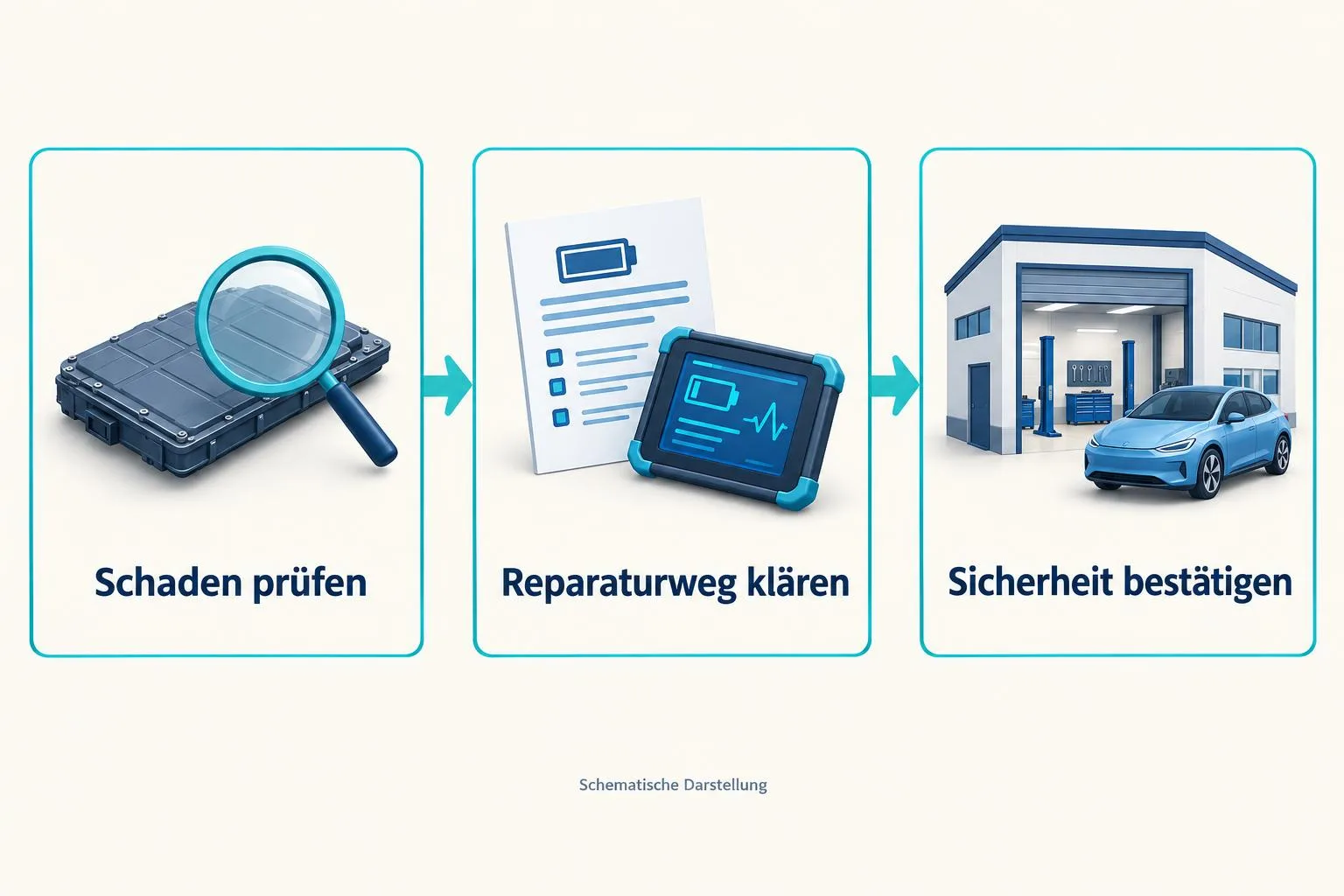 Drei schematische Schritte: Schaden prüfen, Reparaturweg klären und Sicherheit bestätigen.
