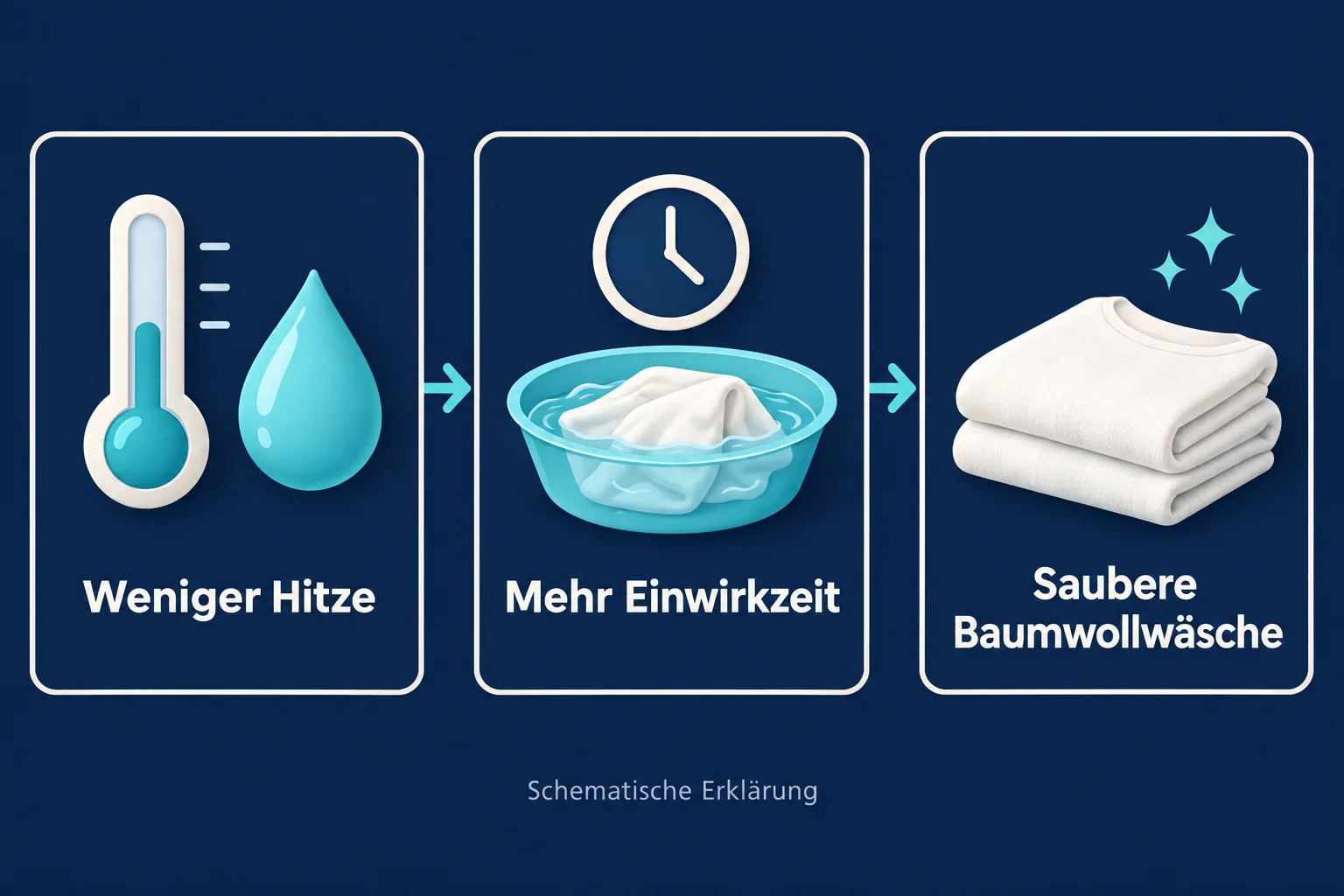 Schematische Folge aus niedrigerer Temperatur, längerer Einwirkzeit und sauberer Baumwollwäsche.