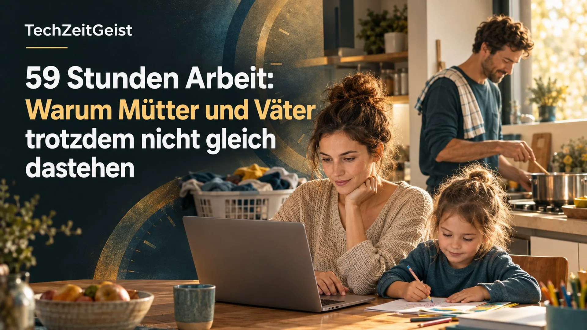 Eltern mit Kind zwischen Laptop und Küche; darüber der vollständige Artikeltitel.