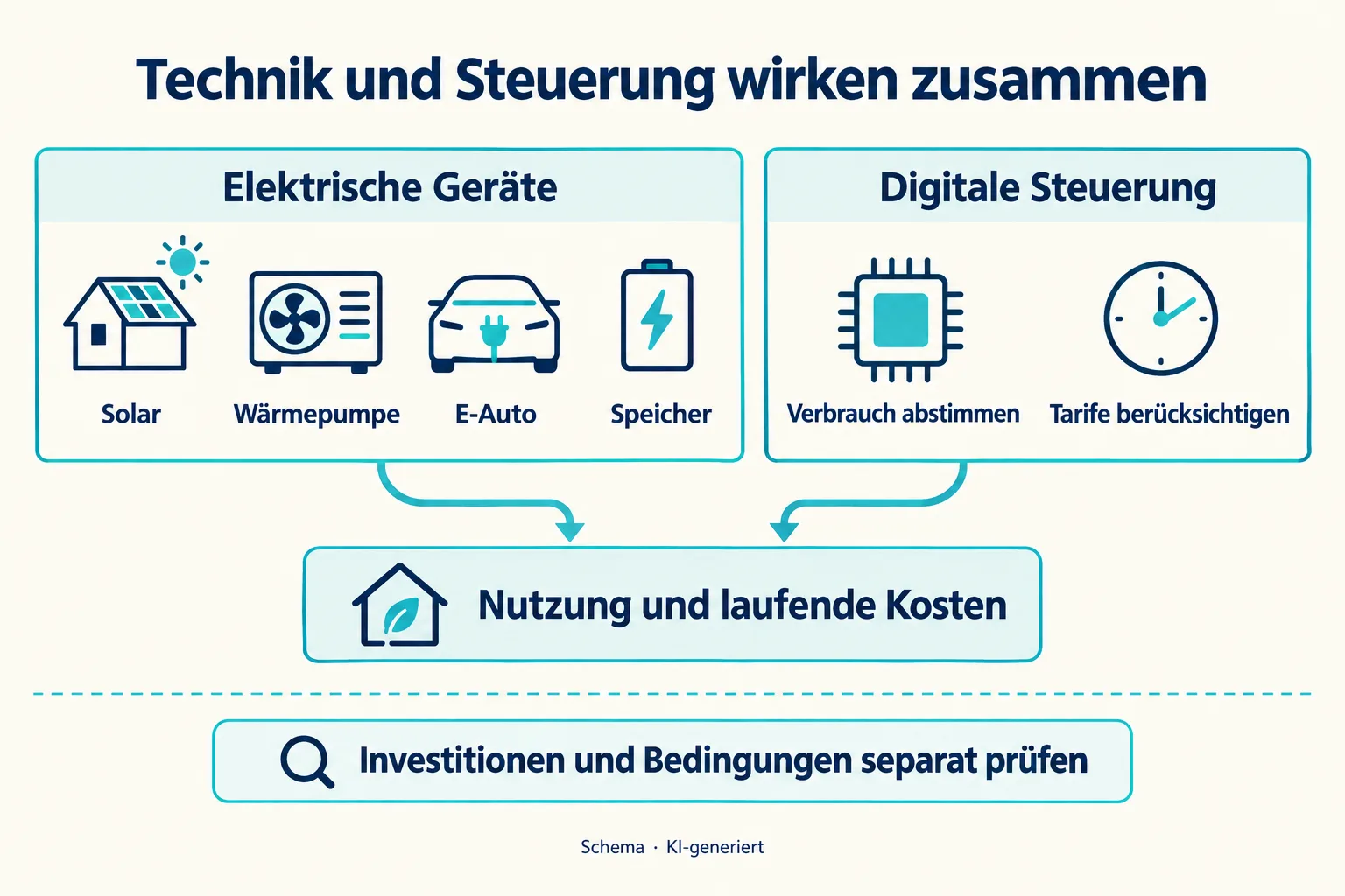 Schema mit elektrischen Geräten und digitaler Steuerung; beide wirken auf Nutzung und laufende Kosten.
