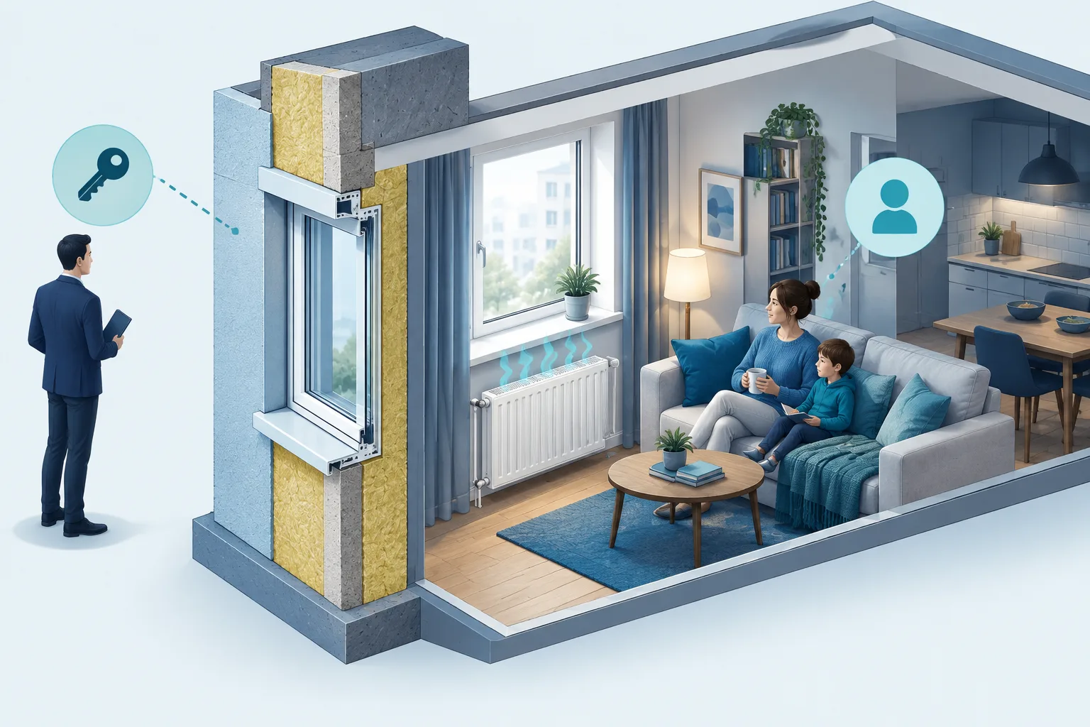 Schematische Mietwohnung mit gedämmter Außenwand, Eigentümerschlüssel und Bewohnern im Innenraum