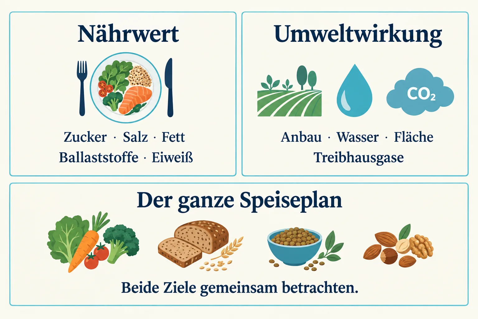 Ein Schema trennt Nährwert und Umweltwirkung und führt beide Betrachtungen beim gesamten Speiseplan zusammen.