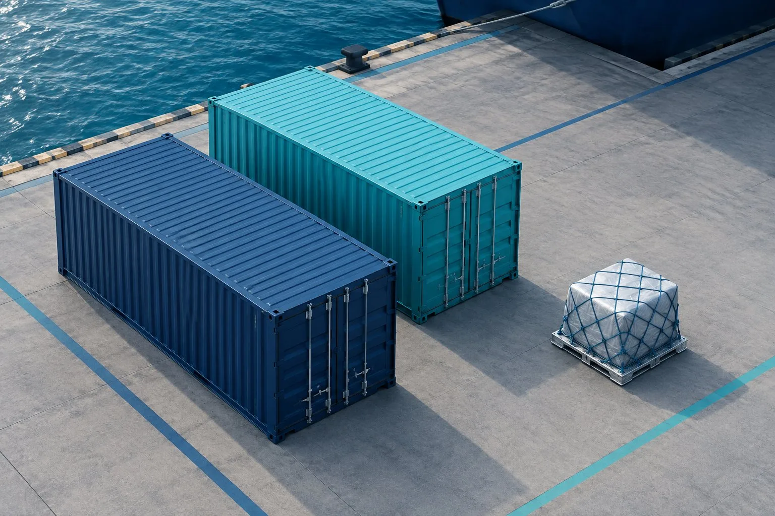 KI-Symbolbild mit zwei großen Containern und einer kleinen Luftfrachtpalette als Vergleich von Volumen und Wert