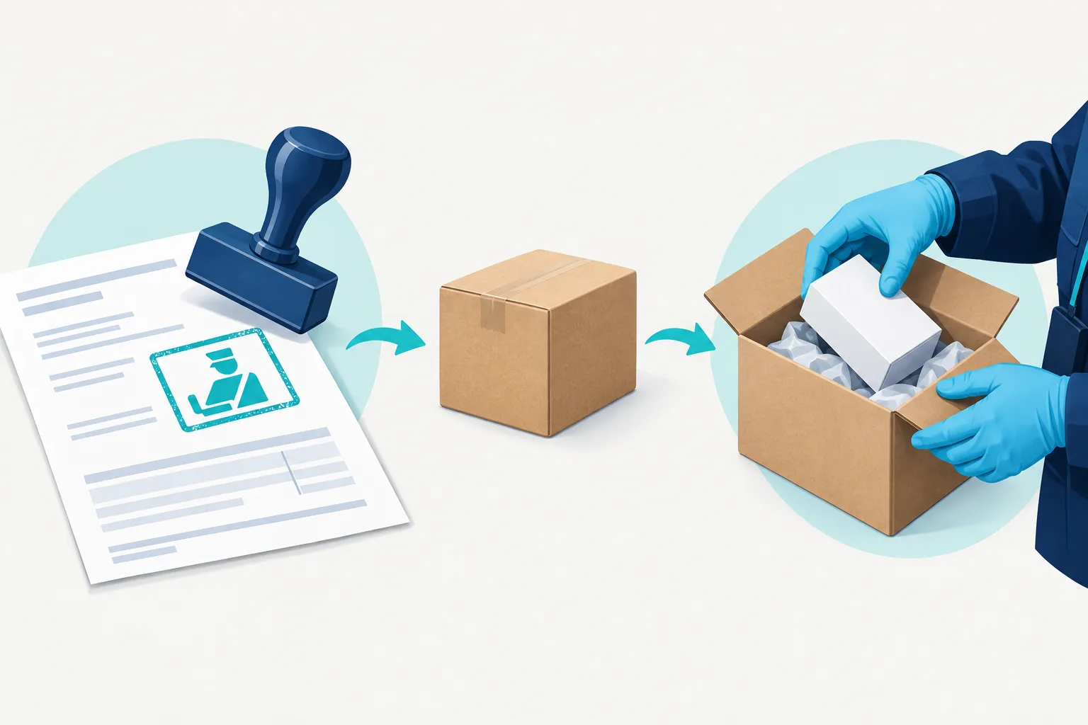 Symbolische Darstellung von Zollunterlagen, einem Paket und einer Warenkontrolle