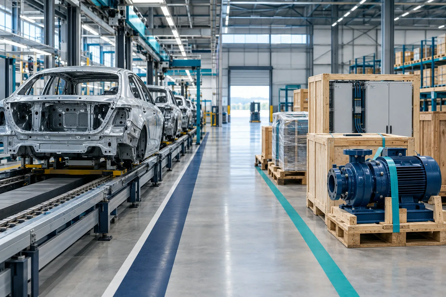 KI-generiertes Symbolbild: getrennte Fertigungslinien für Autos und Maschinen in einer Industriehalle