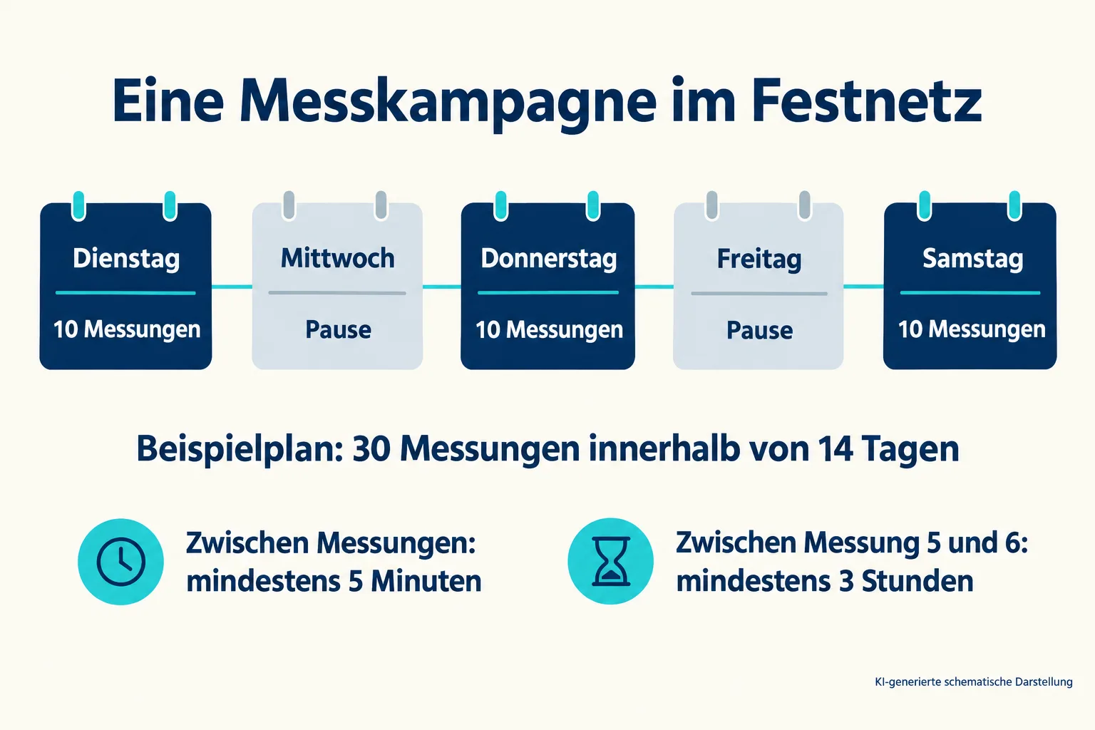 Beispielplan mit zehn Messungen am Dienstag, Donnerstag und Samstag sowie Pausentagen dazwischen.