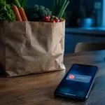 KI-Symbolbild: Einkaufstasche und Smartphone mit abstrakter Nachricht