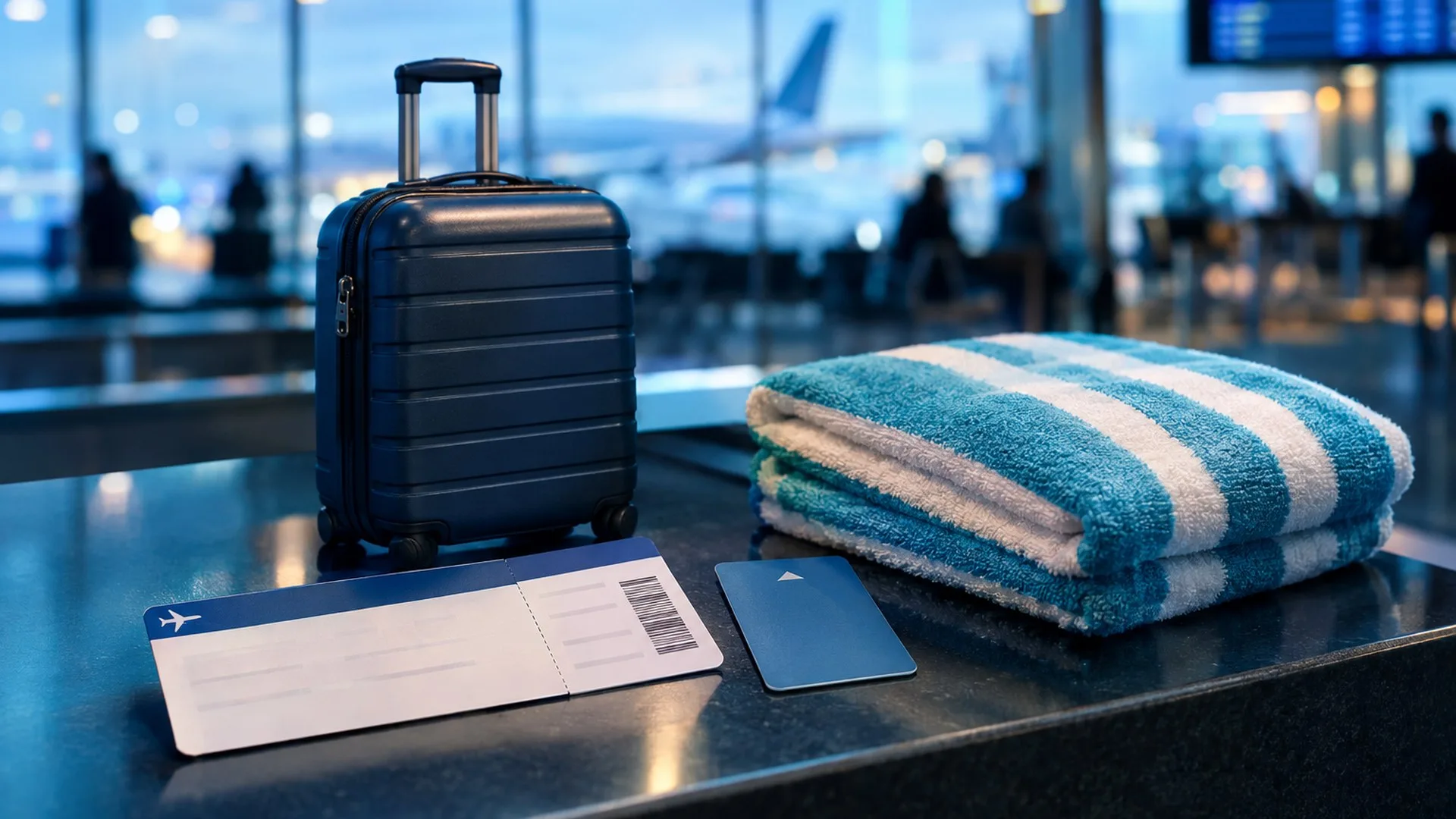 KI-Symbolbild: Koffer, symbolisches Flugticket, Schlüsselkarte und Badetuch an einem Reiseschalter