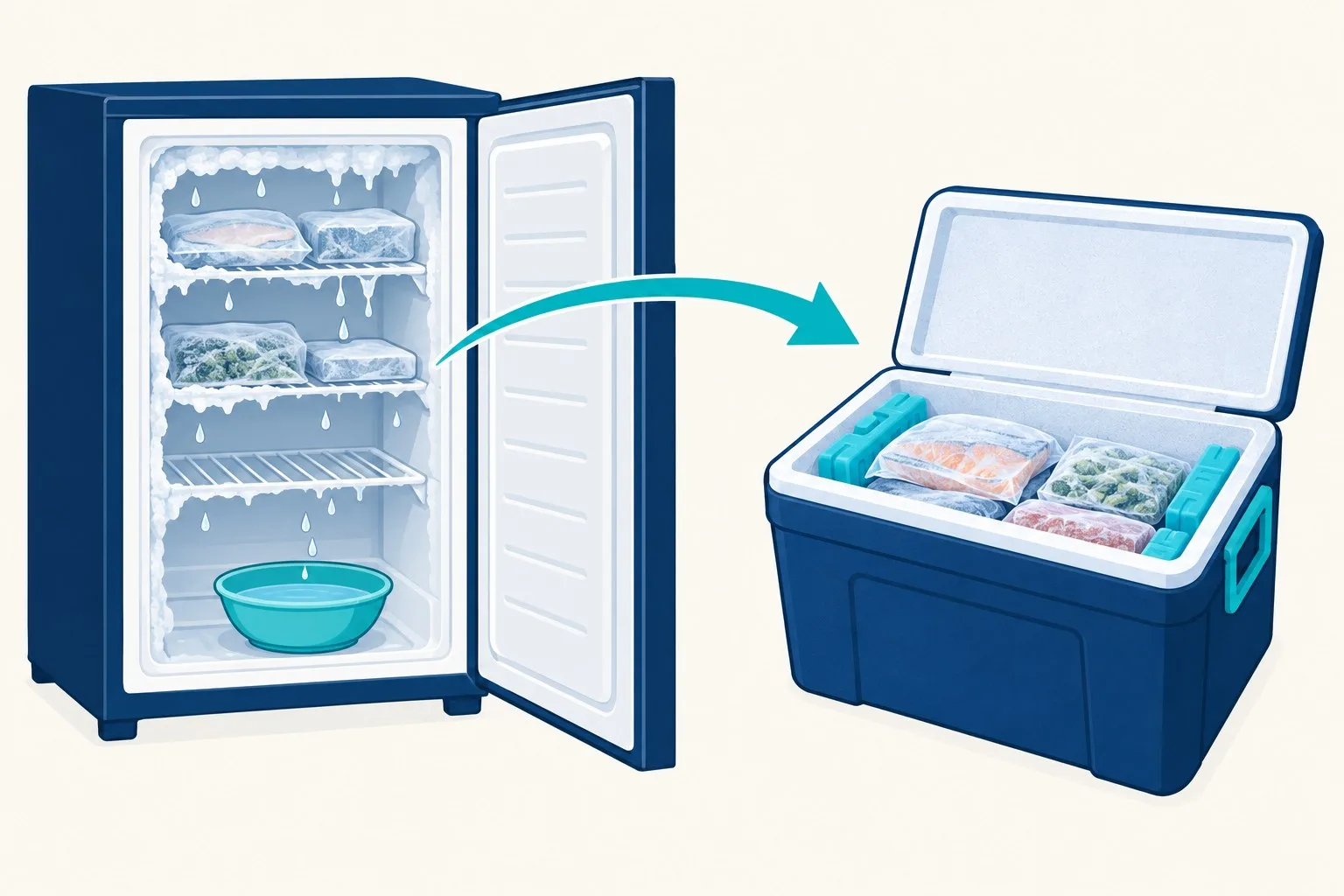 Schematische Darstellung: Gefriergut wird vor dem Abtauen in eine Kühlbox mit Kühlakkus umgeräumt; eine Schale fängt Tauwasser am ausgeschalteten Gerät auf.