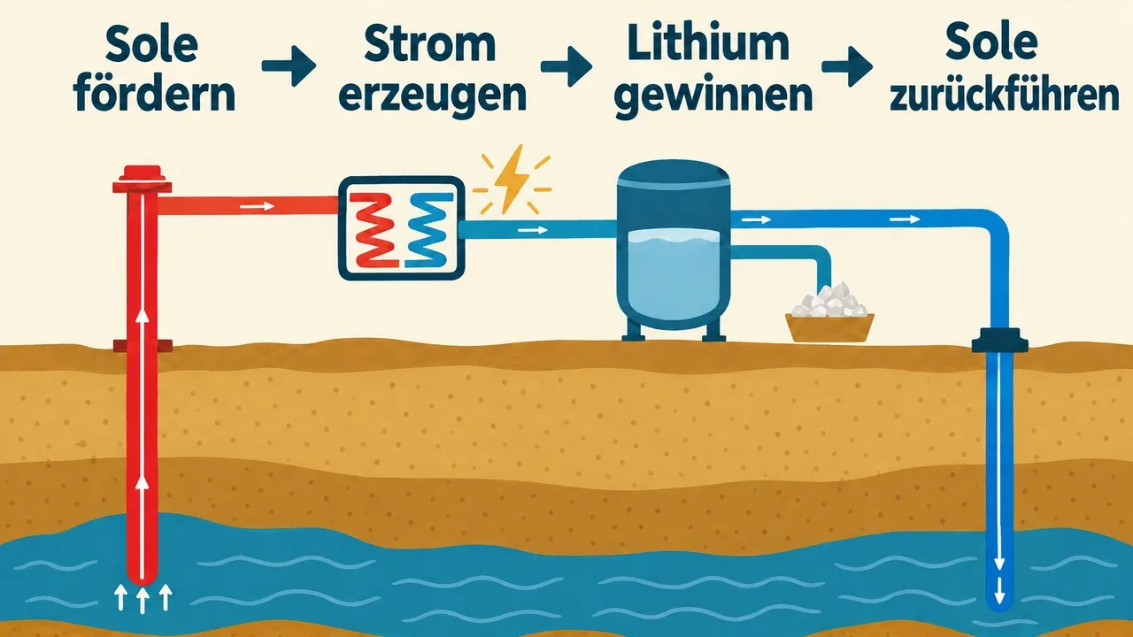 Vereinfachtes Schema: heiße Sole fördern, Wärme für Strom nutzen, Lithium abtrennen und Sole zurückführen.