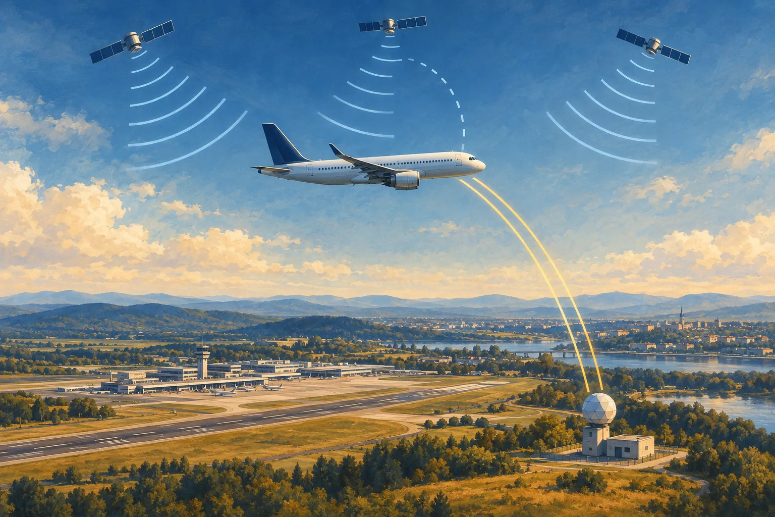 Illustriertes Passagierflugzeug über einem Flughafen, darüber Satelliten und darunter eine Bodenstation mit symbolischen Signalbögen