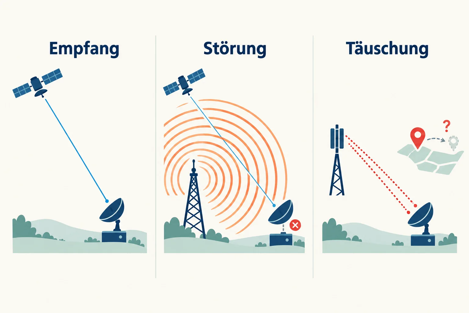 Drei schematische Felder zeigen Empfang, orange Störwellen und ein rotes Täuschungssignal mit verschobenem Kartenpunkt
