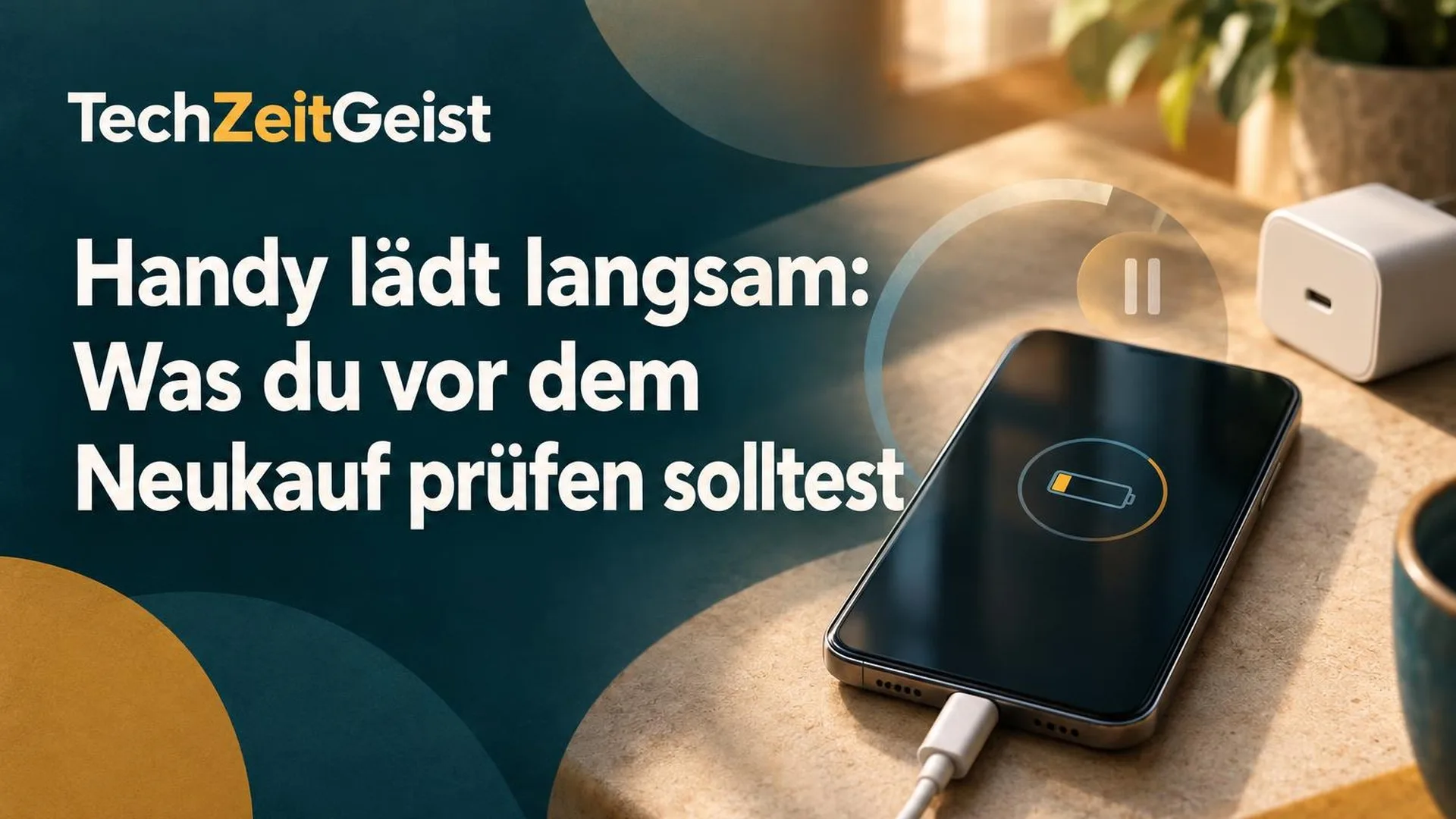 Magazinbild mit Smartphone am Kabel und der Überschrift Handy lädt langsam: Was du vor dem Neukauf prüfen solltest.