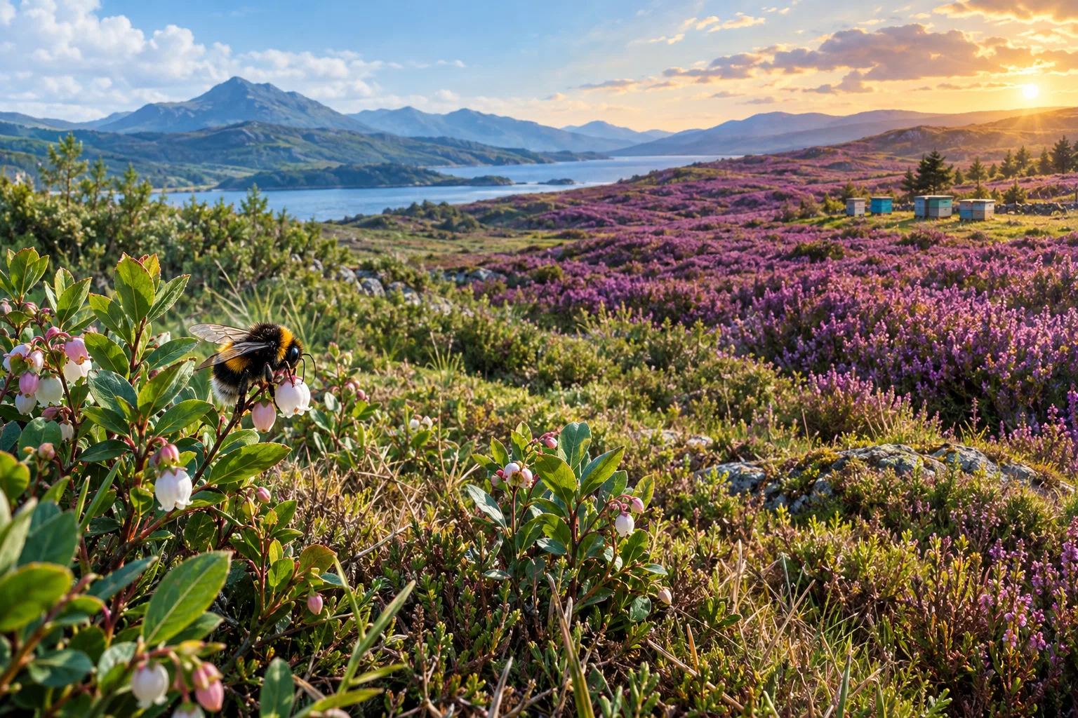 Symbolische schottische Heide mit Hummel an Heidelbeerblüten und entfernten Bienenstöcken zur Heideblüte