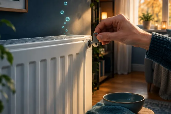 Hand mit Entlüftungsschlüssel am Heizkörper; Schüssel und Lappen stehen bereit.