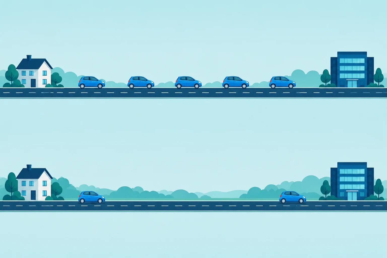 Symbolische Illustration: fünf Autofahrten in der oberen Reihe, zwei in der unteren