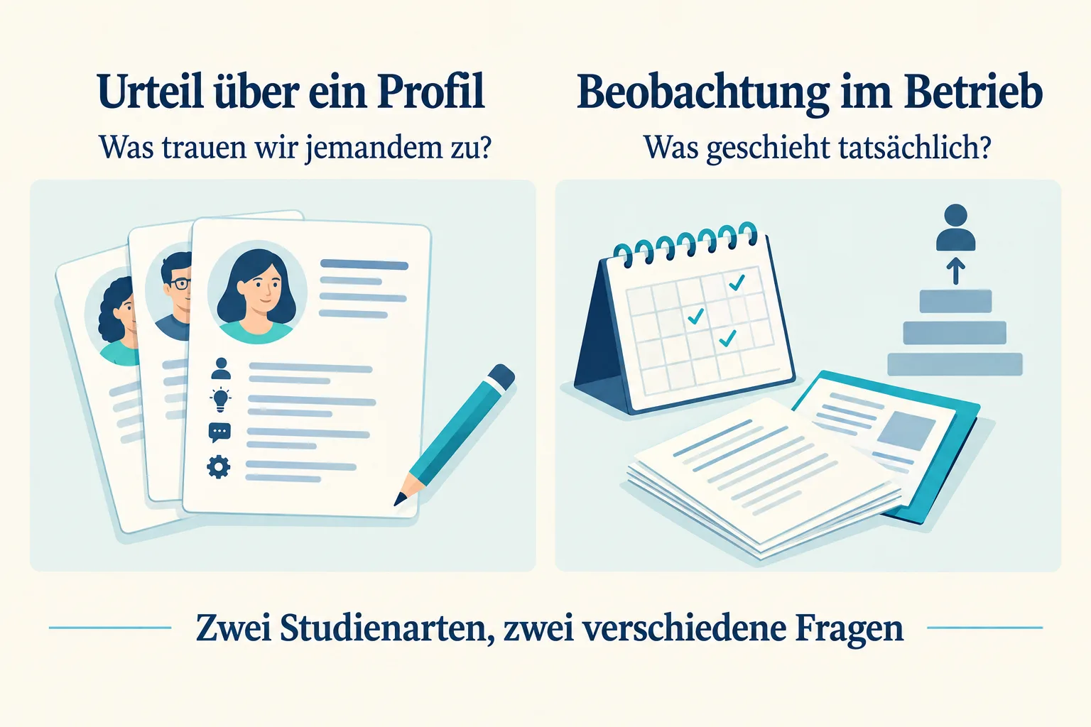 Zwei Felder vergleichen die Bewertung fiktiver Beschäftigtenprofile mit Beobachtungen von Arbeit und Karriere im Betrieb.