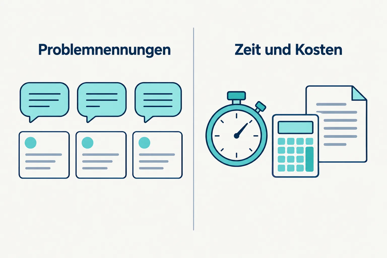 Schematischer Vergleich: Sprechblasen stehen für Problemnennungen, Stoppuhr und Rechner für Zeit und Kosten.