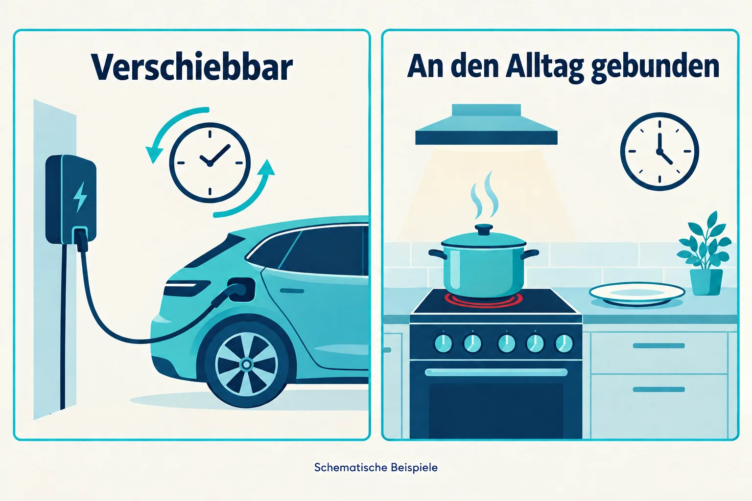 Zwei schematische Beispiele: Autoladen mit veränderbarem Zeitfenster und Kochen als stärker an den Alltag gebundener Verbrauch.