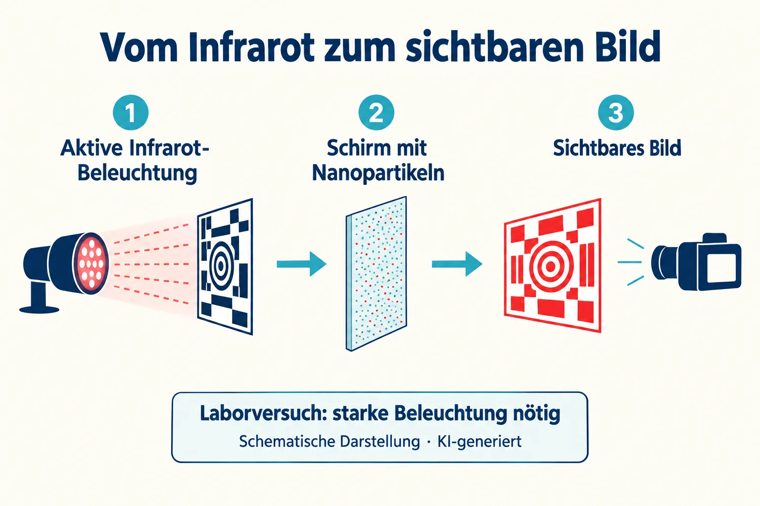 Schematischer Weg von aktiver Infrarot-Beleuchtung über einen Schirm mit Nanopartikeln zu einem sichtbaren Bild.