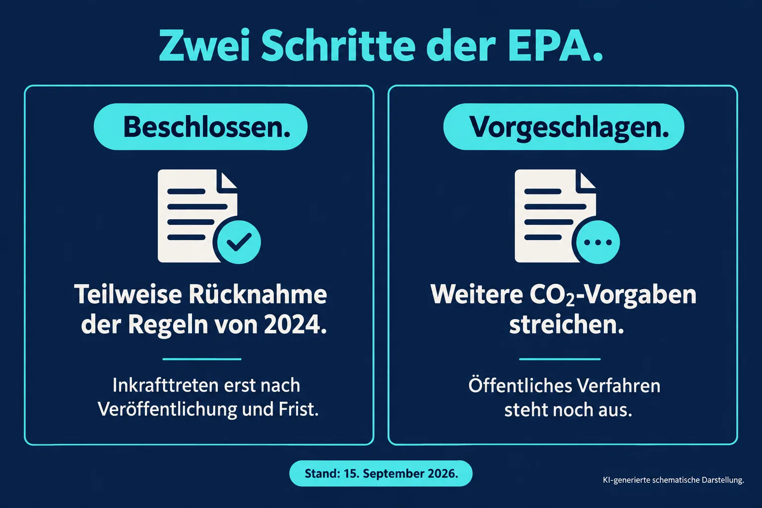 Zwei Felder unterscheiden die beschlossene teilweise Rücknahme von einem Vorschlag zur Streichung weiterer CO₂-Vorgaben.