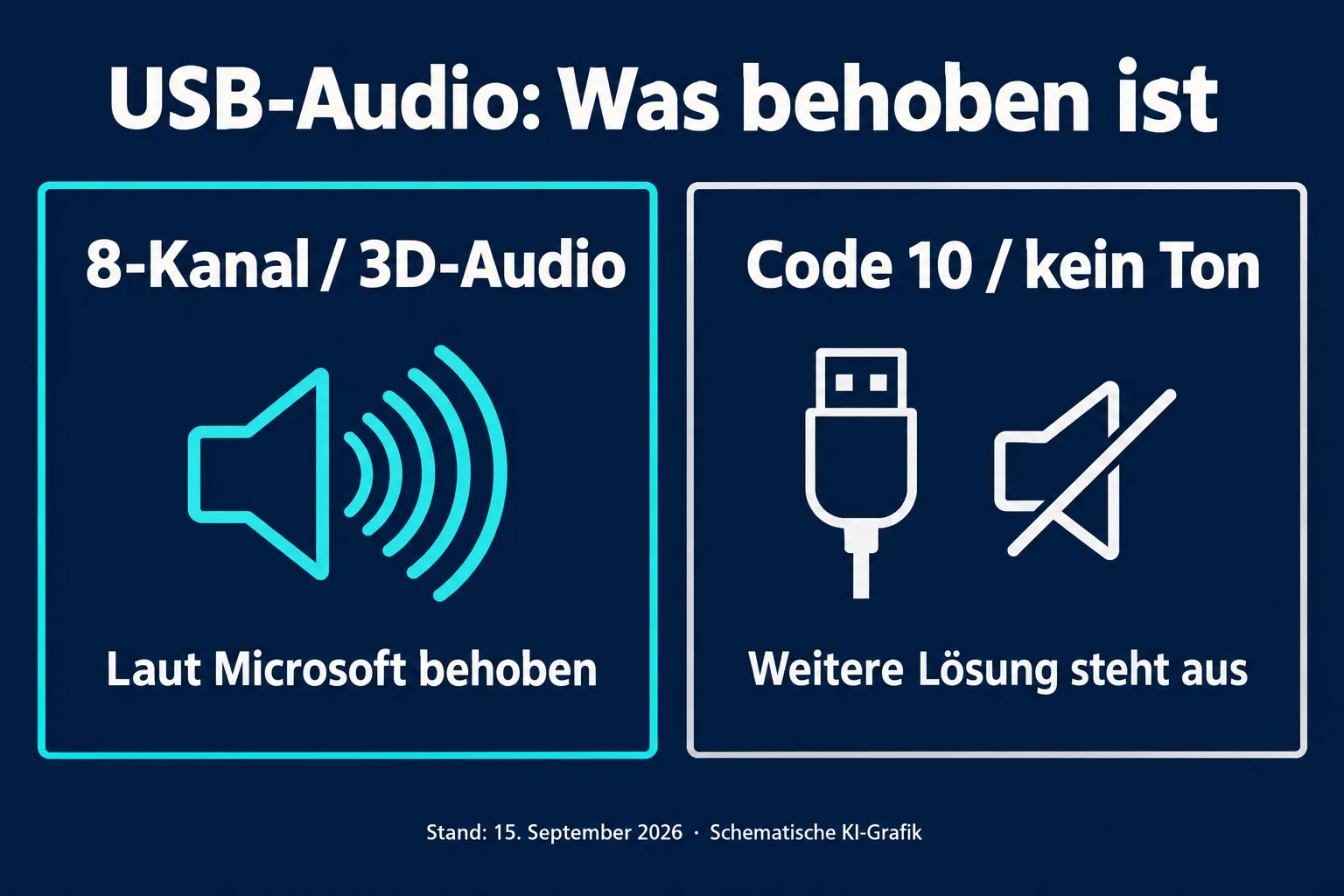 Zwei Felder unterscheiden behobene Probleme im Achtkanal- und 3D-Audiomodus von weiterhin offenen Fehlern mit Code 10 oder fehlendem Ton.