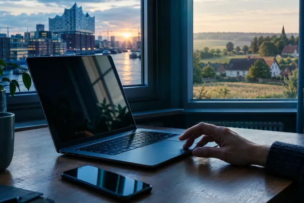 KI-Symbolbild: Laptop und Smartphone vor zwei unterschiedlichen Landschaften