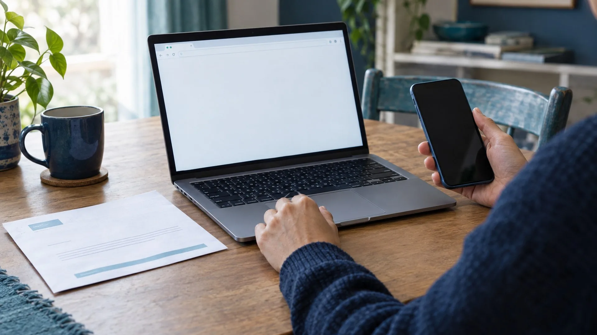 KI-Symbolbild: Person mit Laptop und Smartphone an einem Tisch; daneben ein Brief