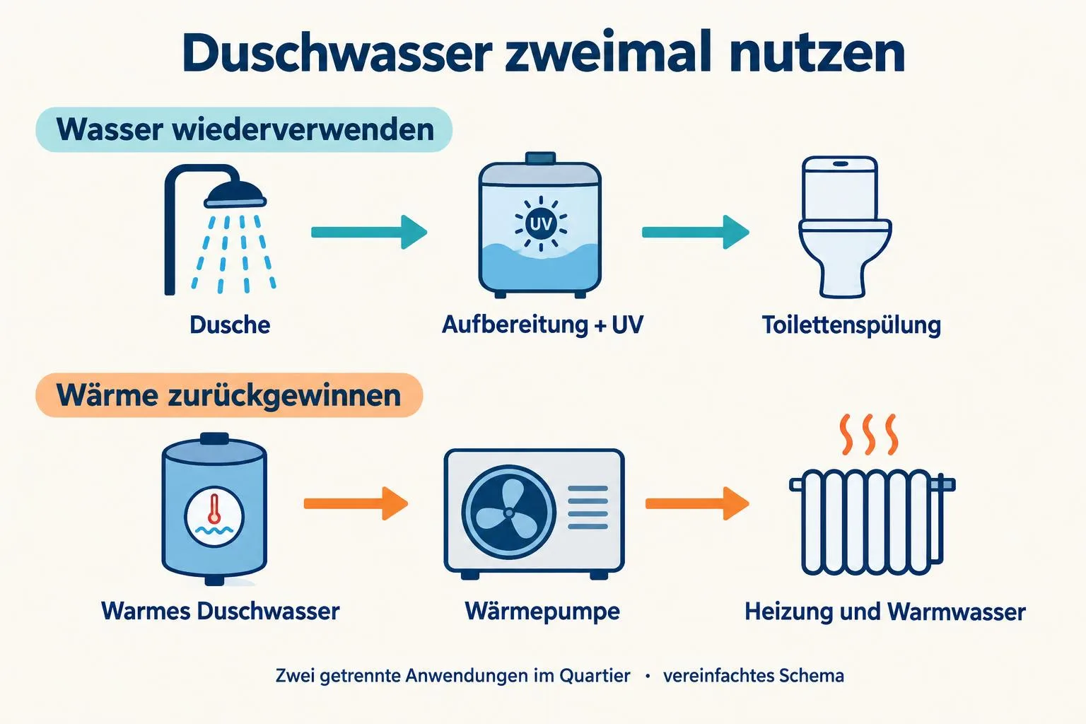Schema mit zwei getrennten Wegen: Duschwasser wird für Toiletten aufbereitet oder liefert Wärme an eine Wärmepumpe.