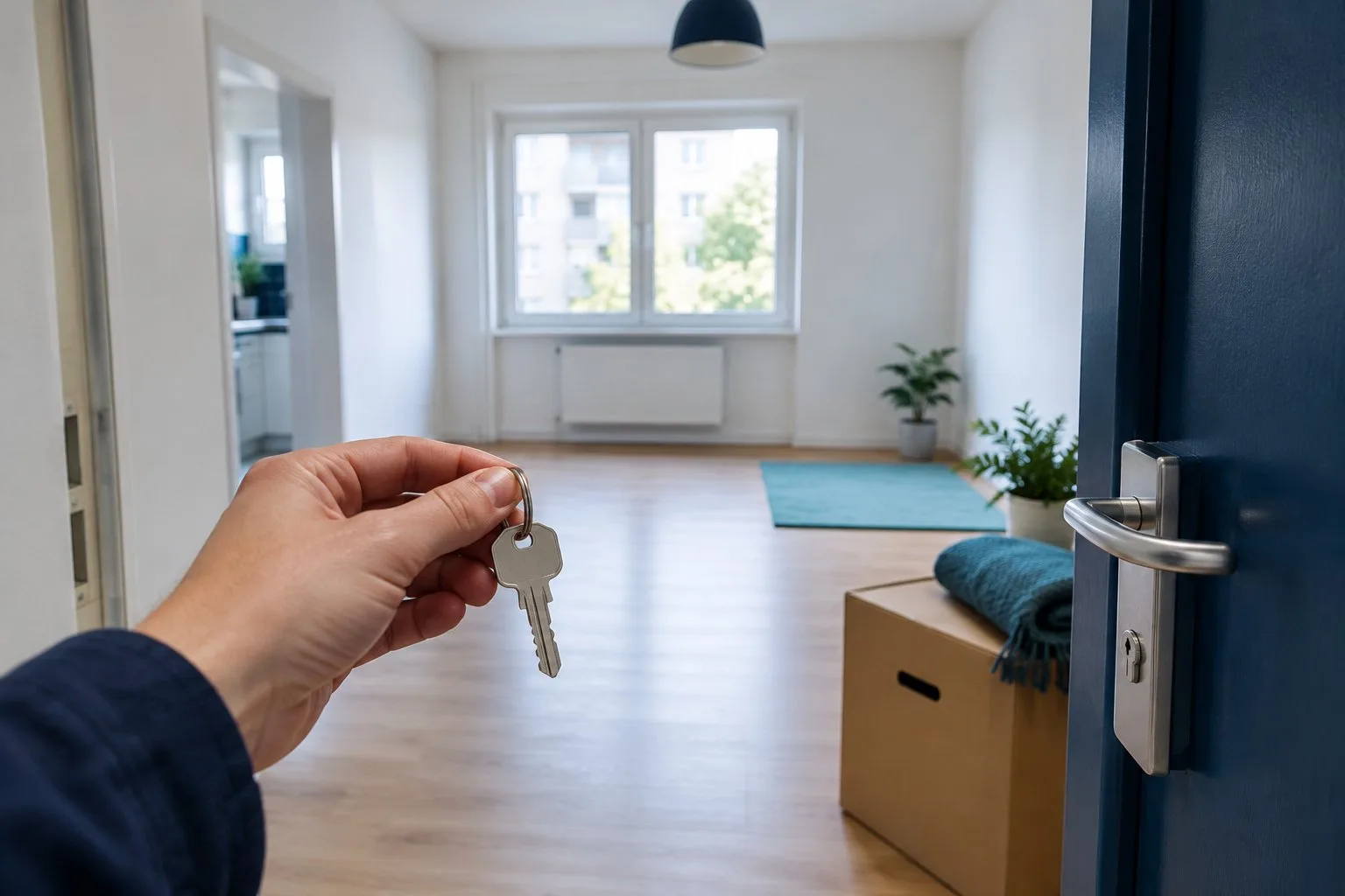 Eine Hand hält einen Schlüssel vor einer leeren Wohnung mit Umzugskarton
