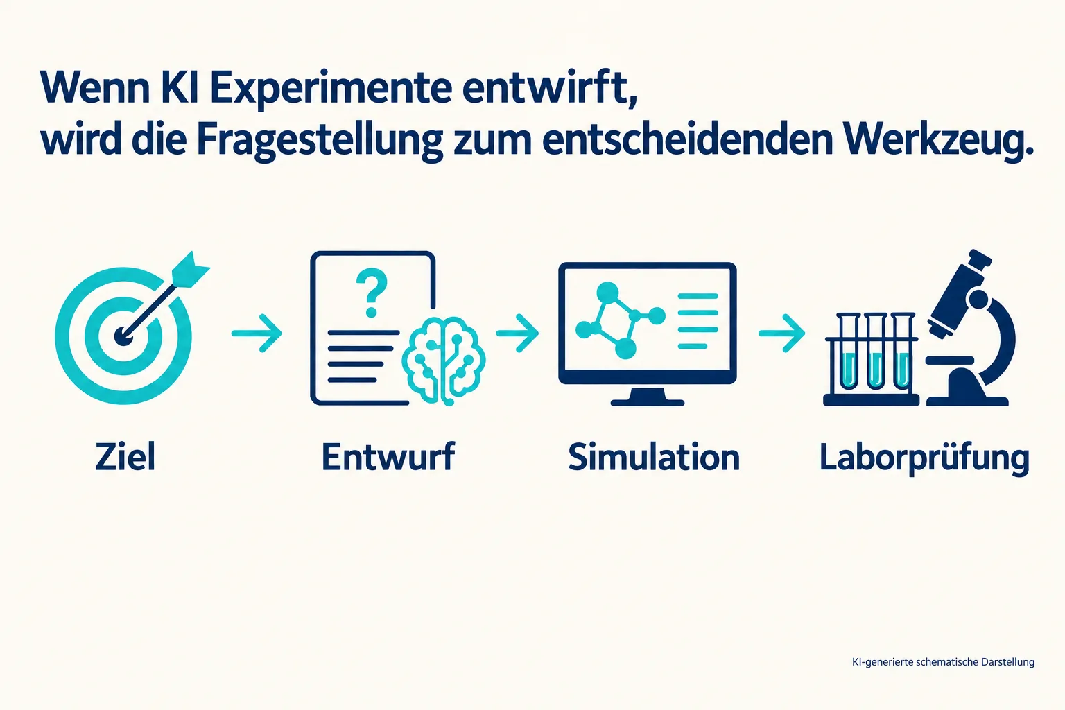 Vier Schritte zeigen Ziel, Entwurf, Simulation und Laborprüfung als schematischen Forschungsablauf.