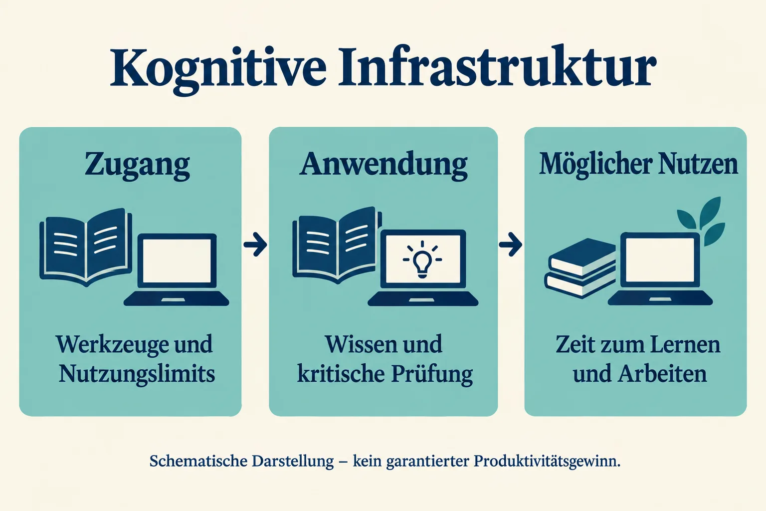 Drei verbundene Felder zeigen Zugang, Anwendung und möglichen Nutzen mit Werkzeugen, kritischer Prüfung und Zeit zum Lernen.