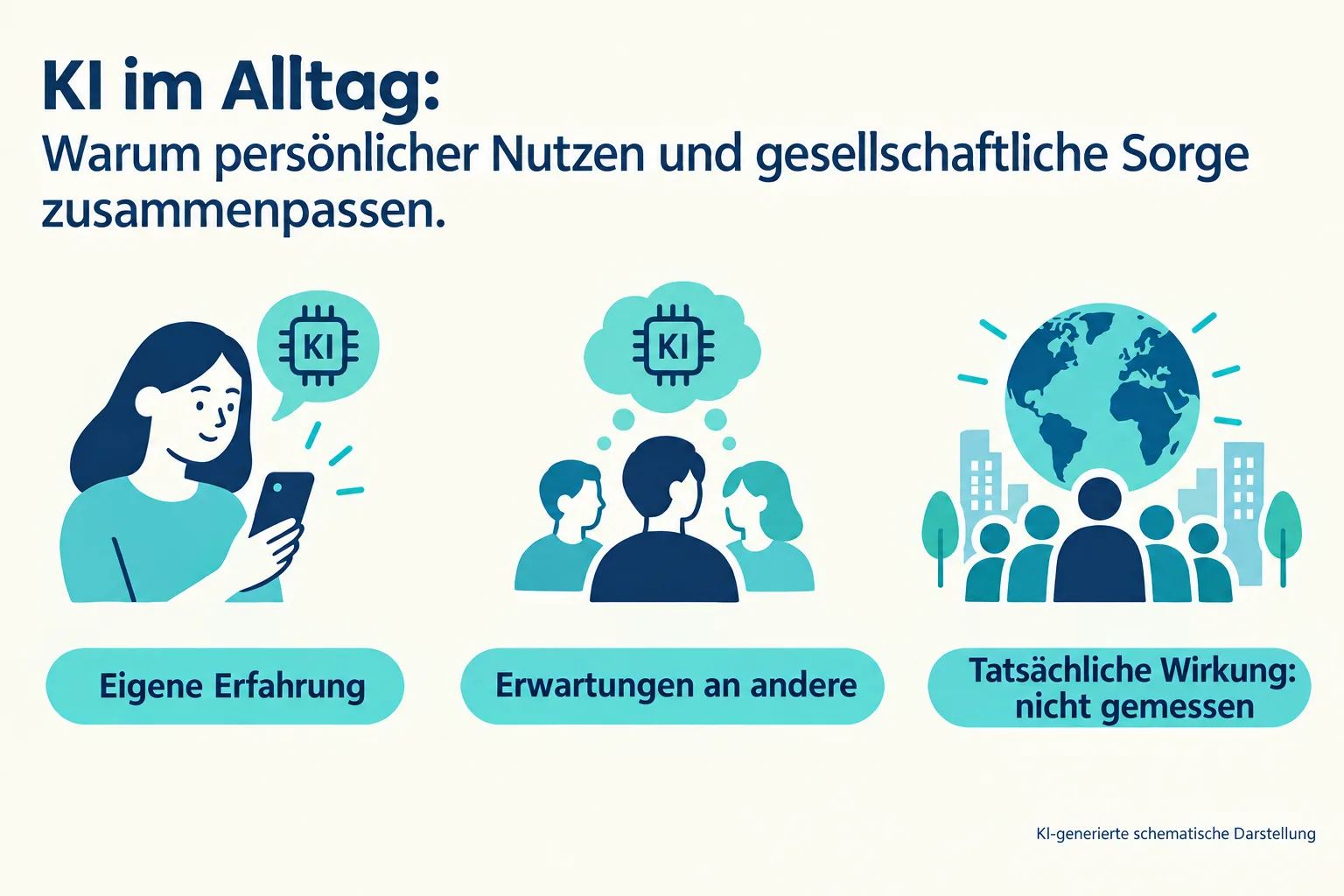 Drei getrennte Felder unterscheiden eigene Erfahrung, Erwartungen an andere und die nicht gemessene tatsächliche Wirkung.