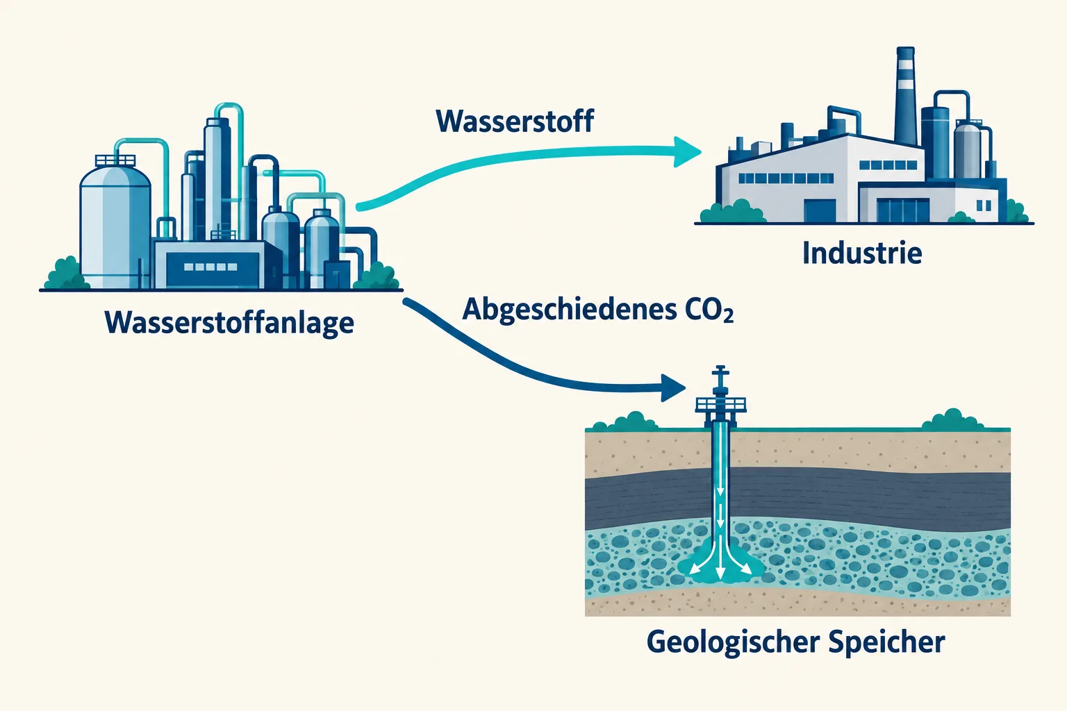 Zwei Wege ab einer Wasserstoffanlage: Wasserstoff zum Industriebetrieb und abgeschiedenes CO₂ zu einer geologischen Speicherstätte.