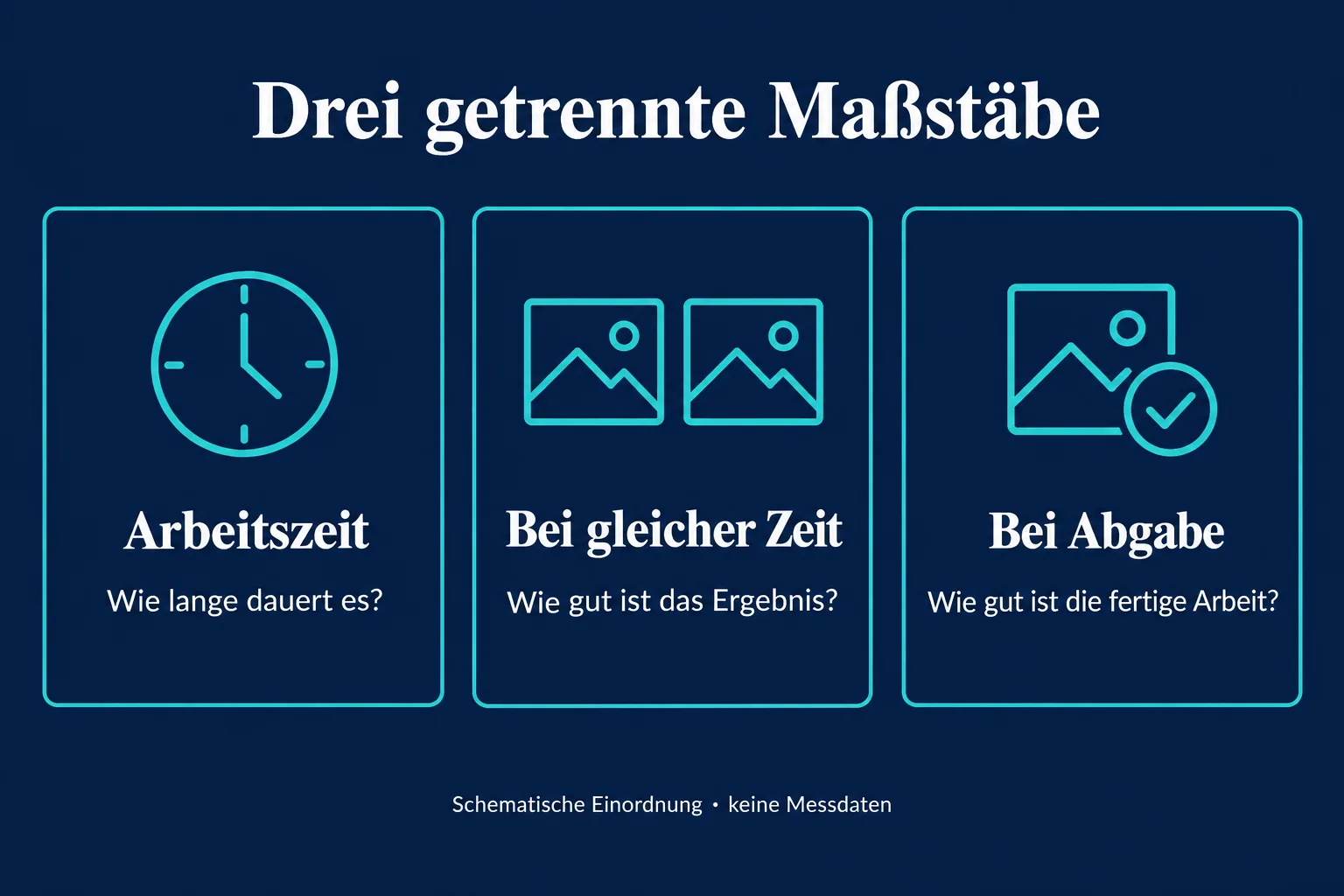 Drei getrennte Prüffelder zeigen Arbeitszeit, Qualität bei gleicher Zeit und Qualität bei Abgabe.
