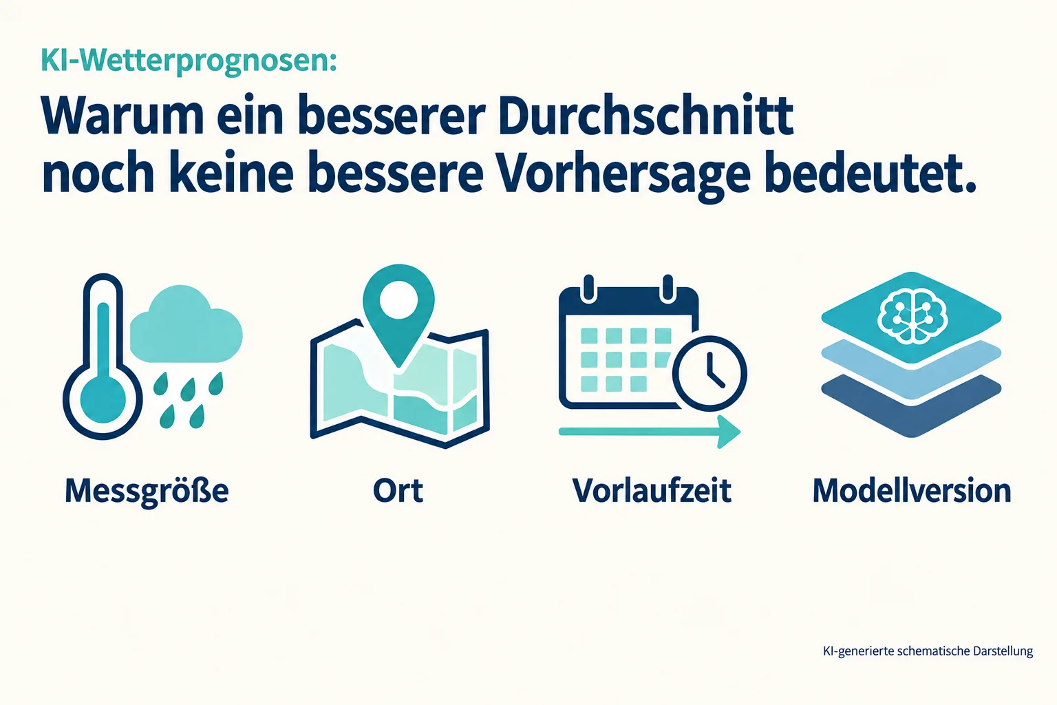 Vier Symbole verdeutlichen Messgröße, Ort, Vorlaufzeit und Modellversion als Vergleichskriterien.