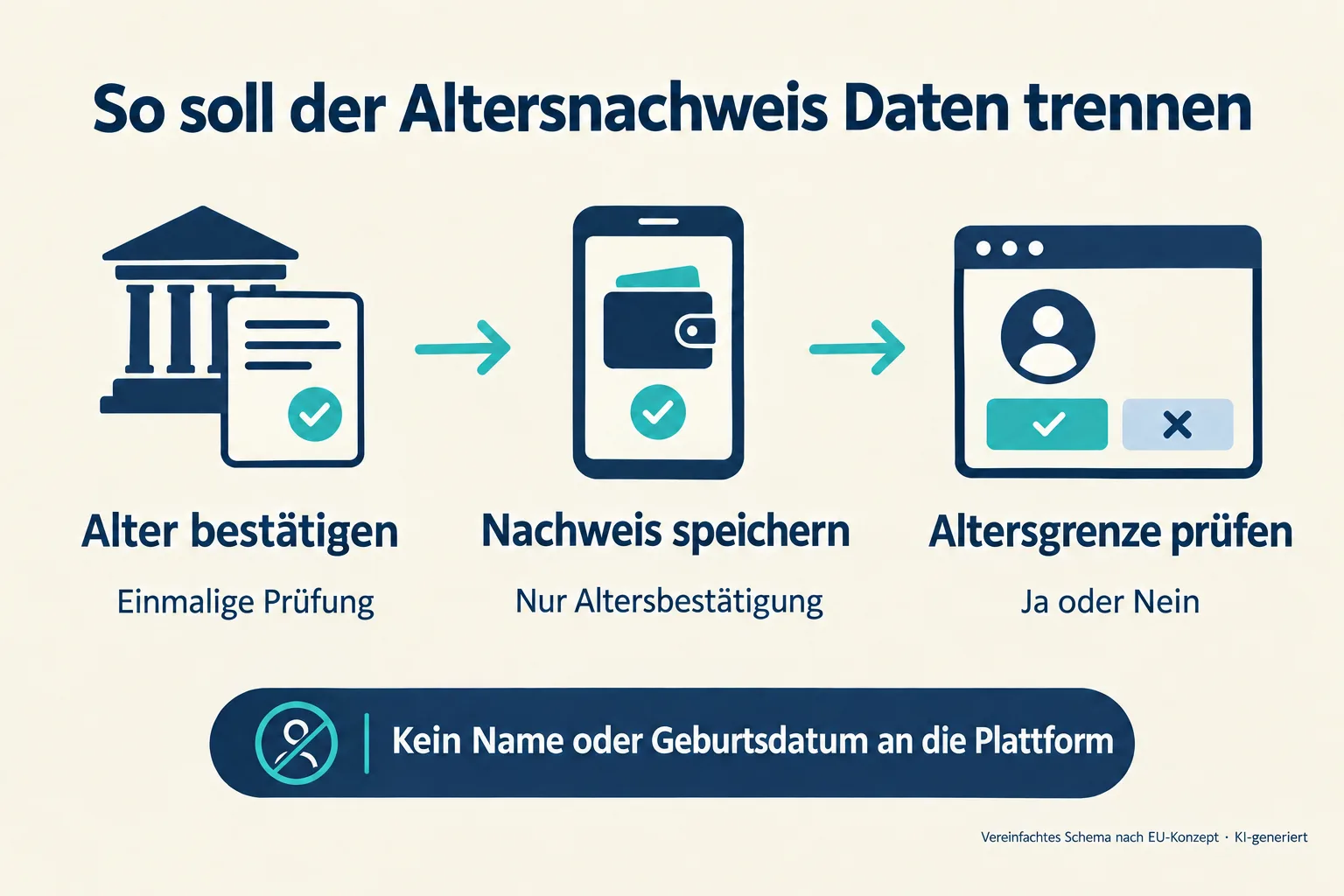Drei Schritte des geplanten Altersnachweises: Alter bestätigen, Nachweis speichern und Altersgrenze prüfen.