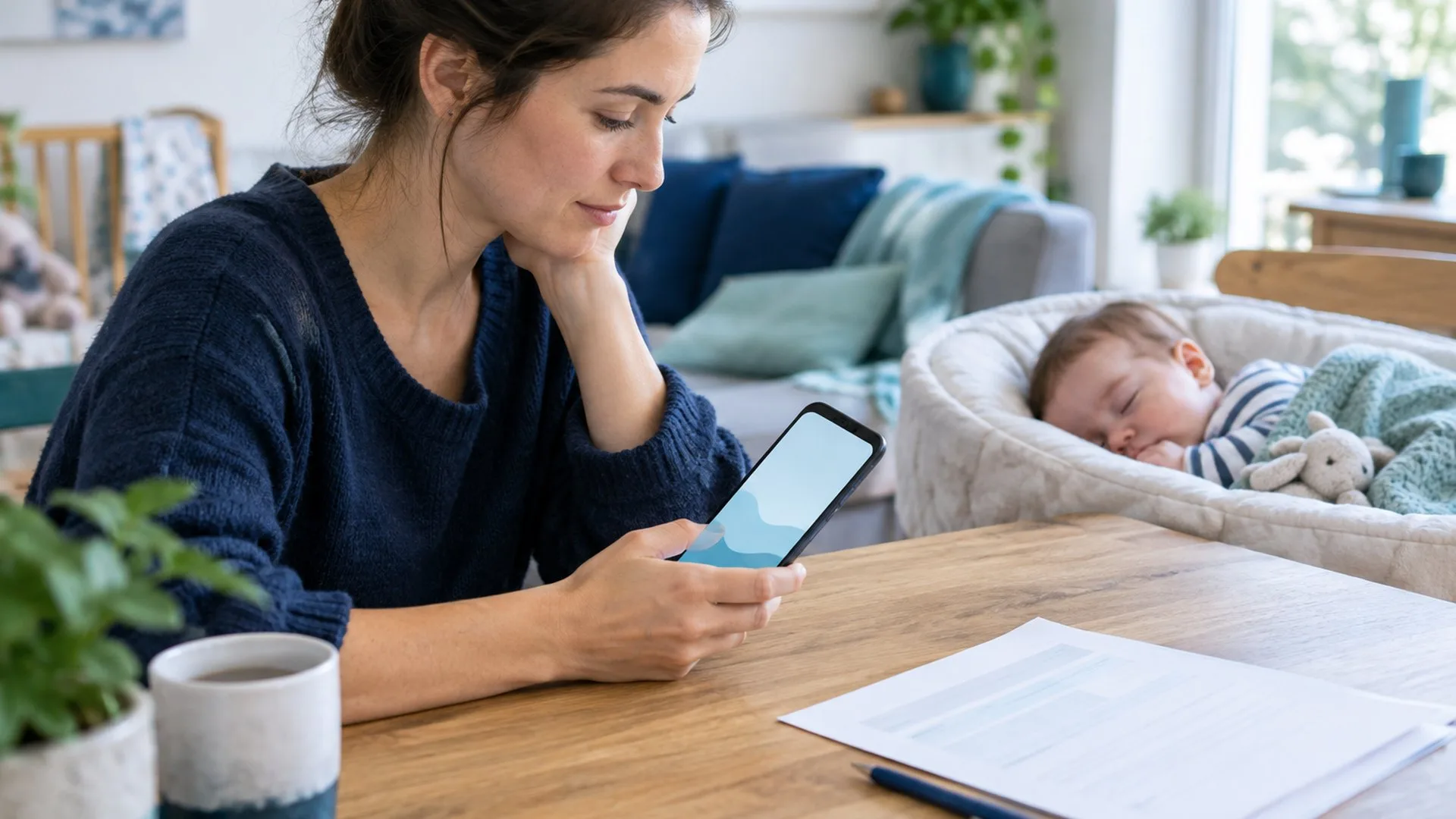 KI-Symbolbild: Mutter mit schlafendem Kind, Smartphone und leerem Formular