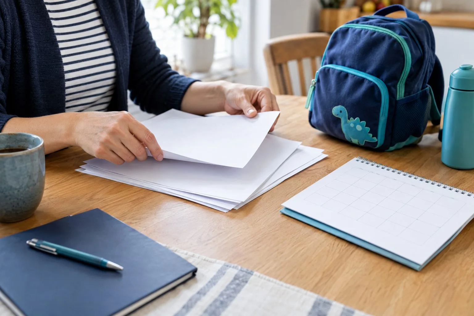 Elternhände ordnen blanke Unterlagen neben Kalender und Kinderrucksack