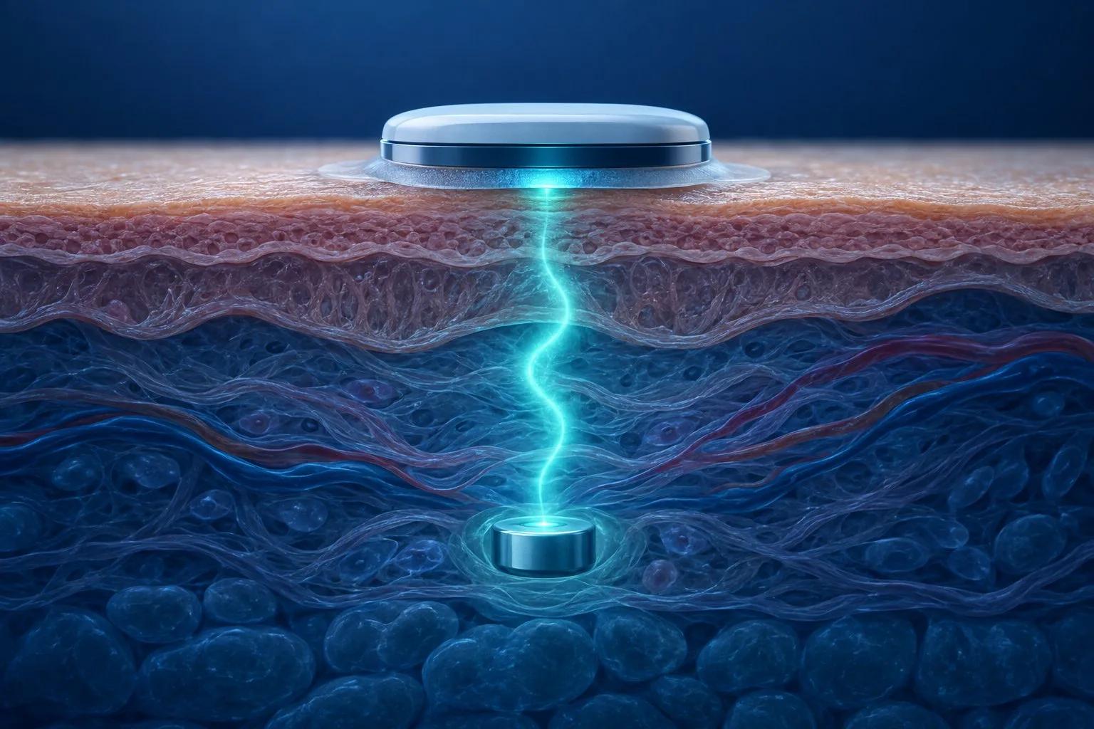Symbolische Darstellung eines Sensors auf der Haut und eines Implantats im Gewebe mit einem kurzen Signalweg