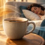 Kaffeetasse vor einer ruhig schlafenden Person als Symbol für Koffein und Schlaftiefe.