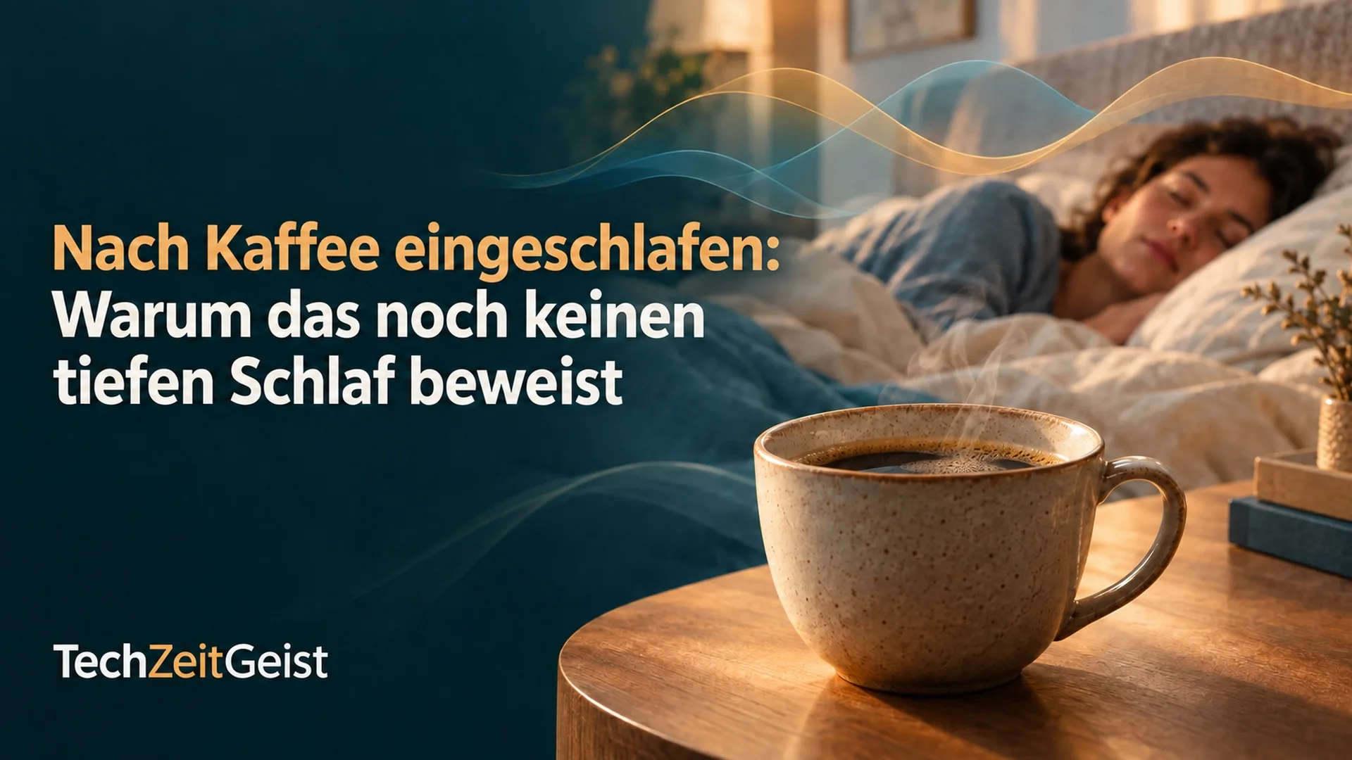 Magazinbild mit Kaffeetasse, schlafender Person und vollständiger Artikelüberschrift.