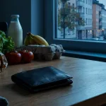 KI-Symbolbild: geschlossene Geldbörse und Lebensmittel auf einem Küchentisch