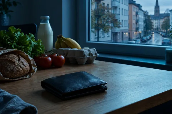 KI-Symbolbild: geschlossene Geldbörse und Lebensmittel auf einem Küchentisch